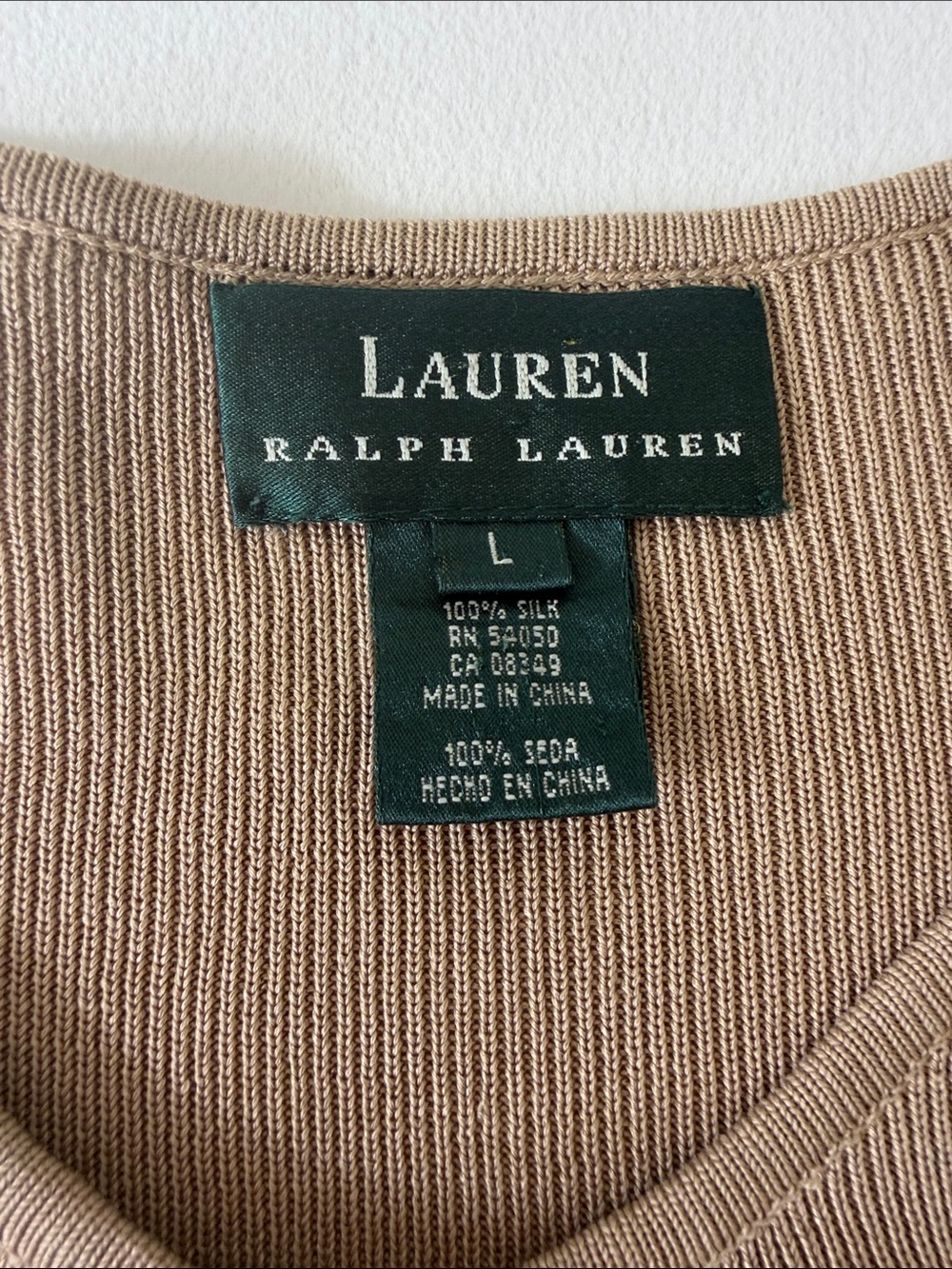 Lauren Ralph Lauren Women's Camel Crewneck 100% Silk Cardigan Sweater Size Large - Picture 3 of 8